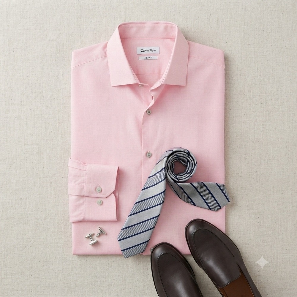 Calvin Klein Dress Shirt Men 17 34/35 Pink Regular Fit Long Sleeve Business Work